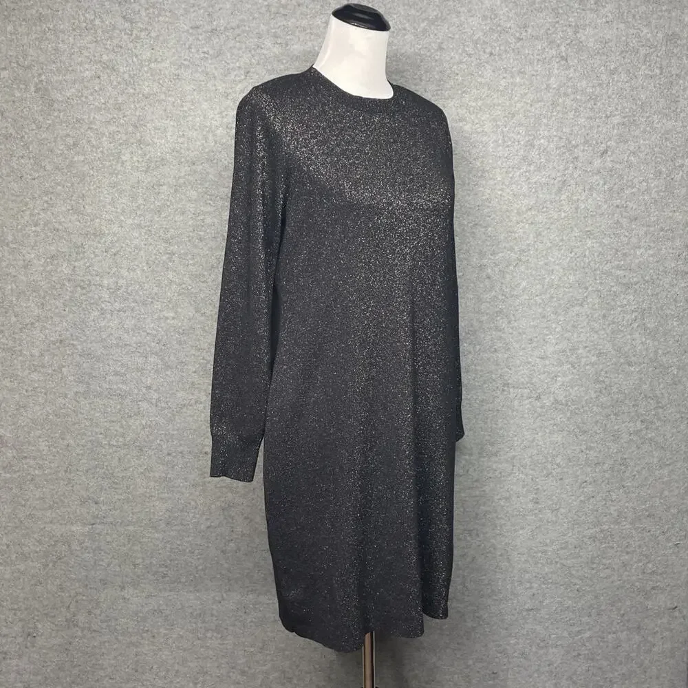 Loft Women L Black/Gold Shimmer Knit Dress Long Slv Fitted Sheath Cocktail Party